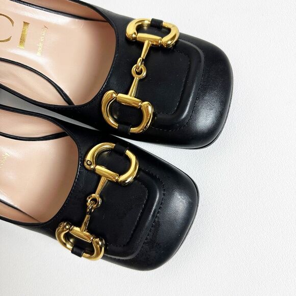 GUCCI Black Baby Bit Horsebit Square Toe Pump 38.5 US 8.5 Leather Block Heel - Picture 4 of 15